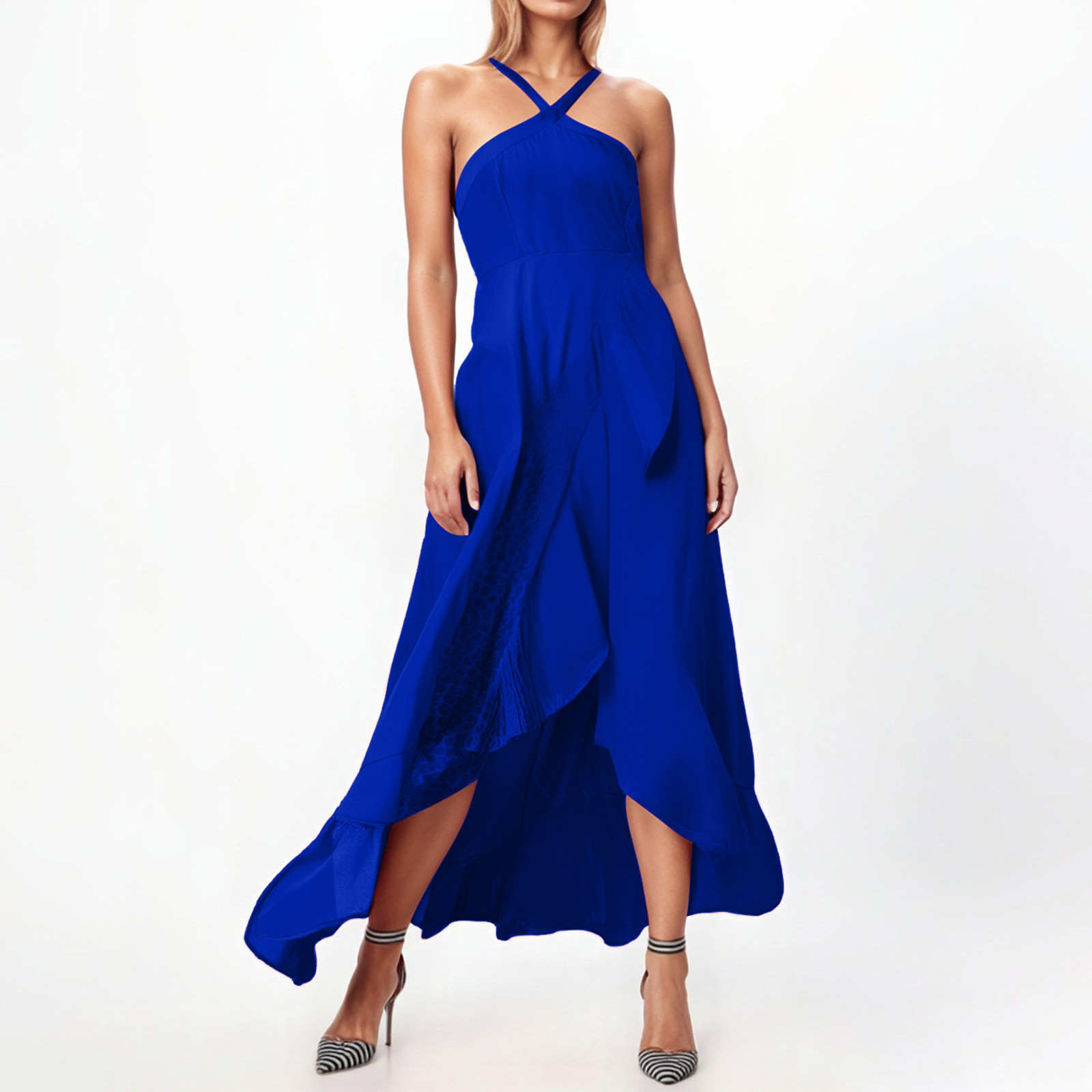 thumbnail image 2 of Vestido de fiesta de verano fluido para mujer con tirantes con volantes: elegante color liso, tejido ligero, cómodo para ocasiones especiales., 2 of 5